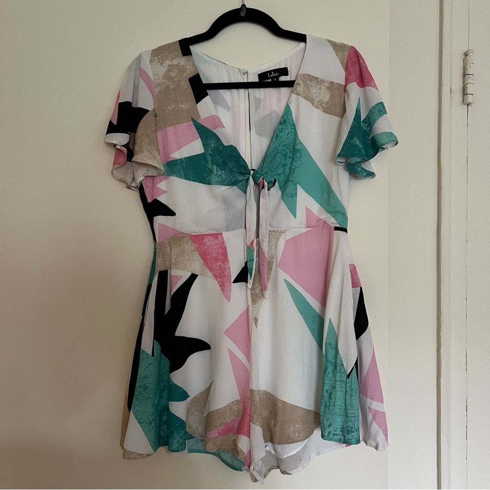 Color Me Cute White Print Tie-Front Flutter Sleeve Romper